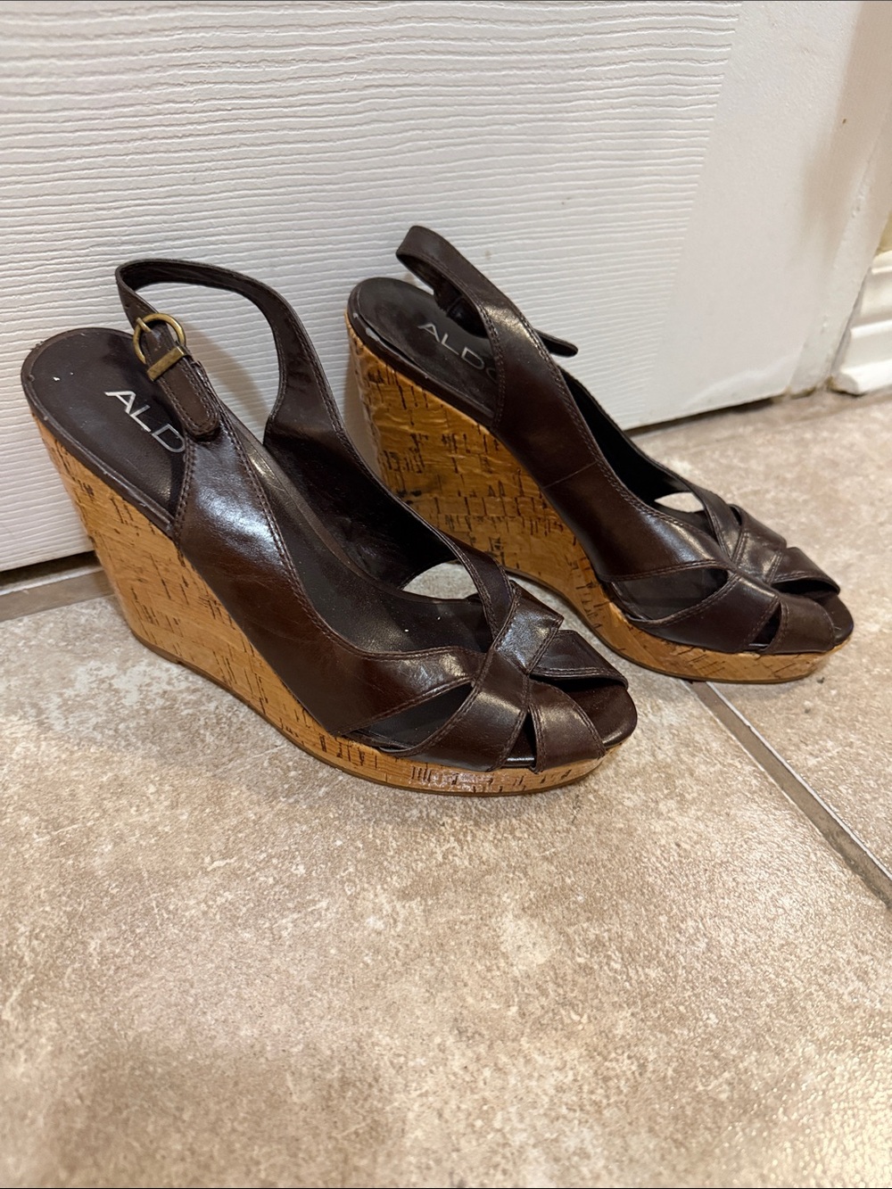 ALDO Dark Brown Leather Cork Wedge Sandals